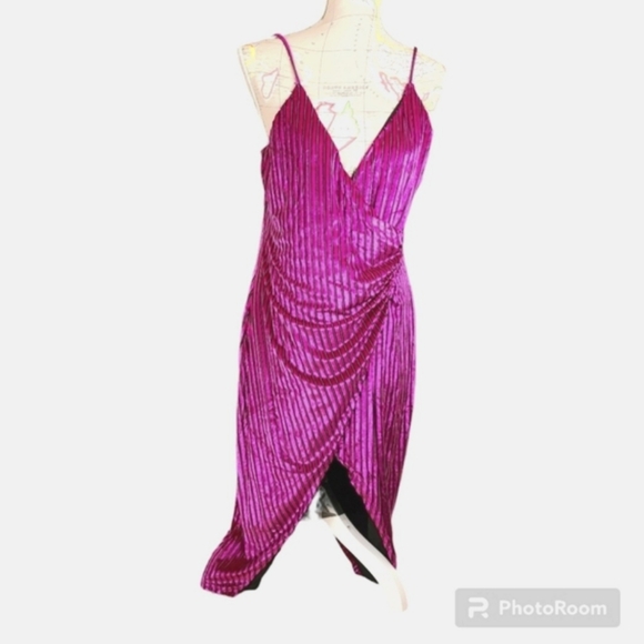HOUSE OF HARLOW 1960 REVOLVE SIZE XL MAGENTA BLACK STRIPED VELVET WRAP DRESS NWT - Picture 4 of 12